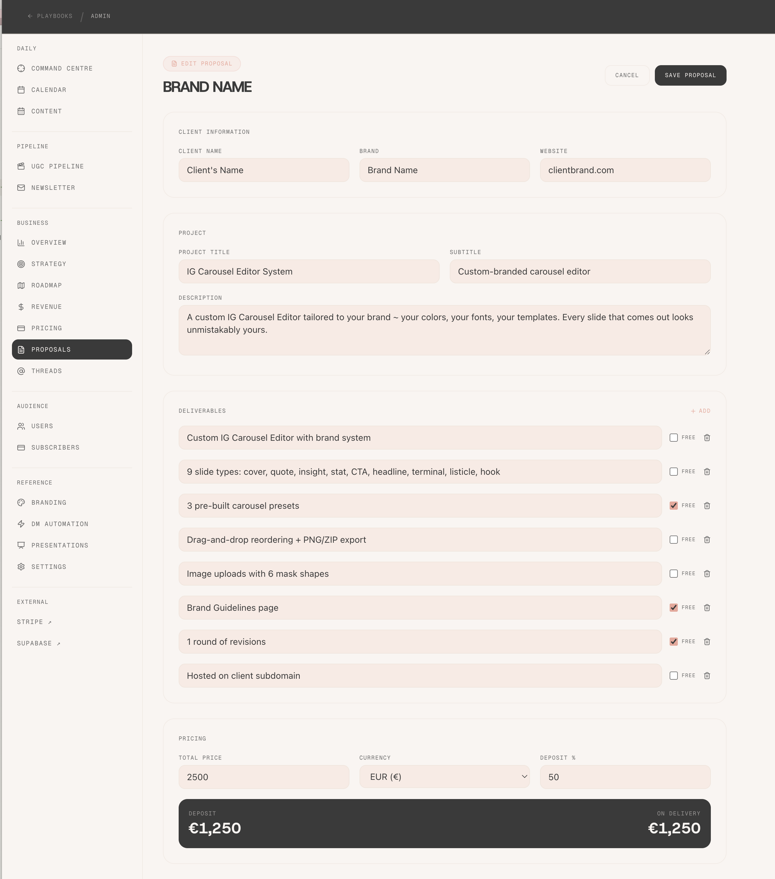Admin proposal editor ~ deliverables, pricing, deposit split