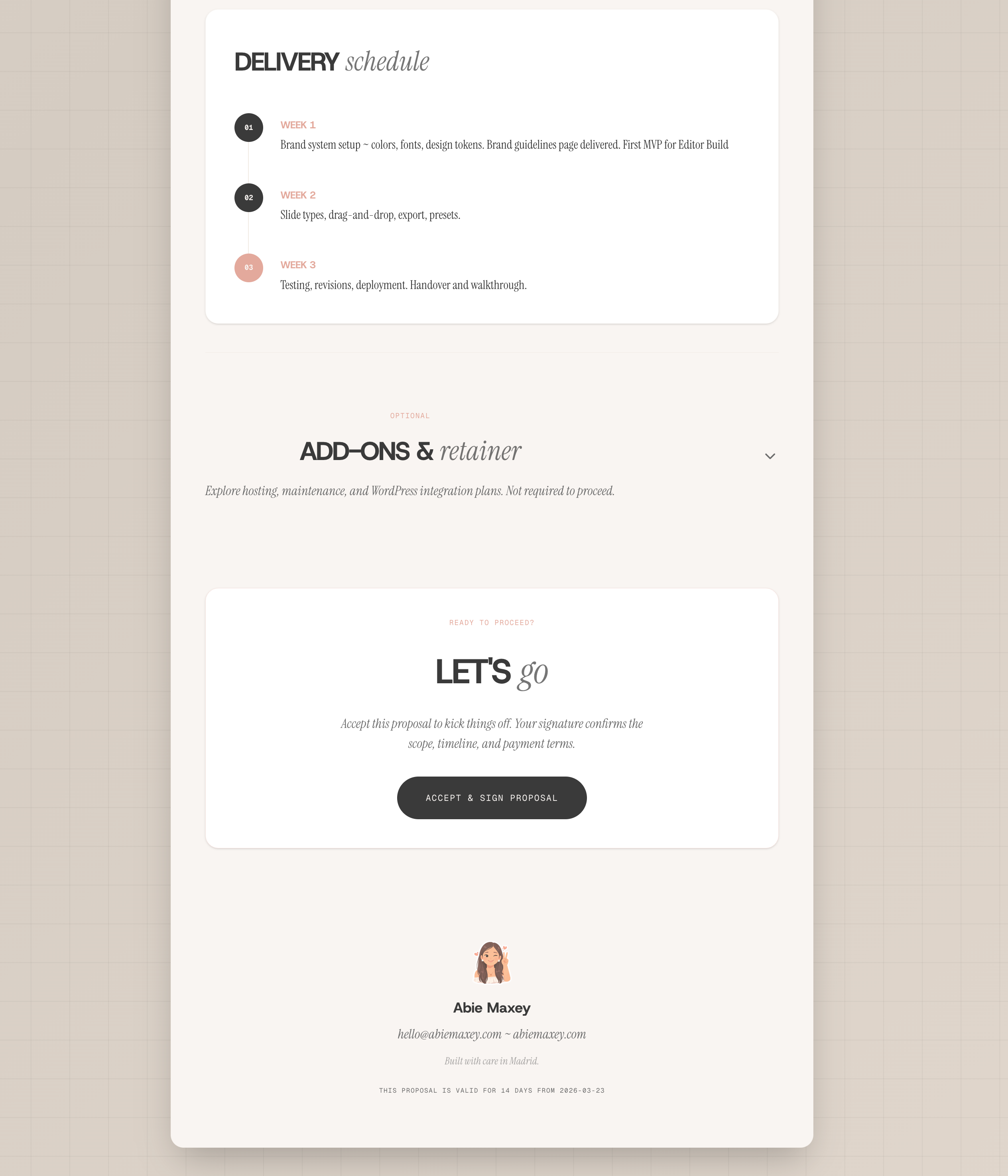 Proposal system ~ timeline, add-ons, and signature